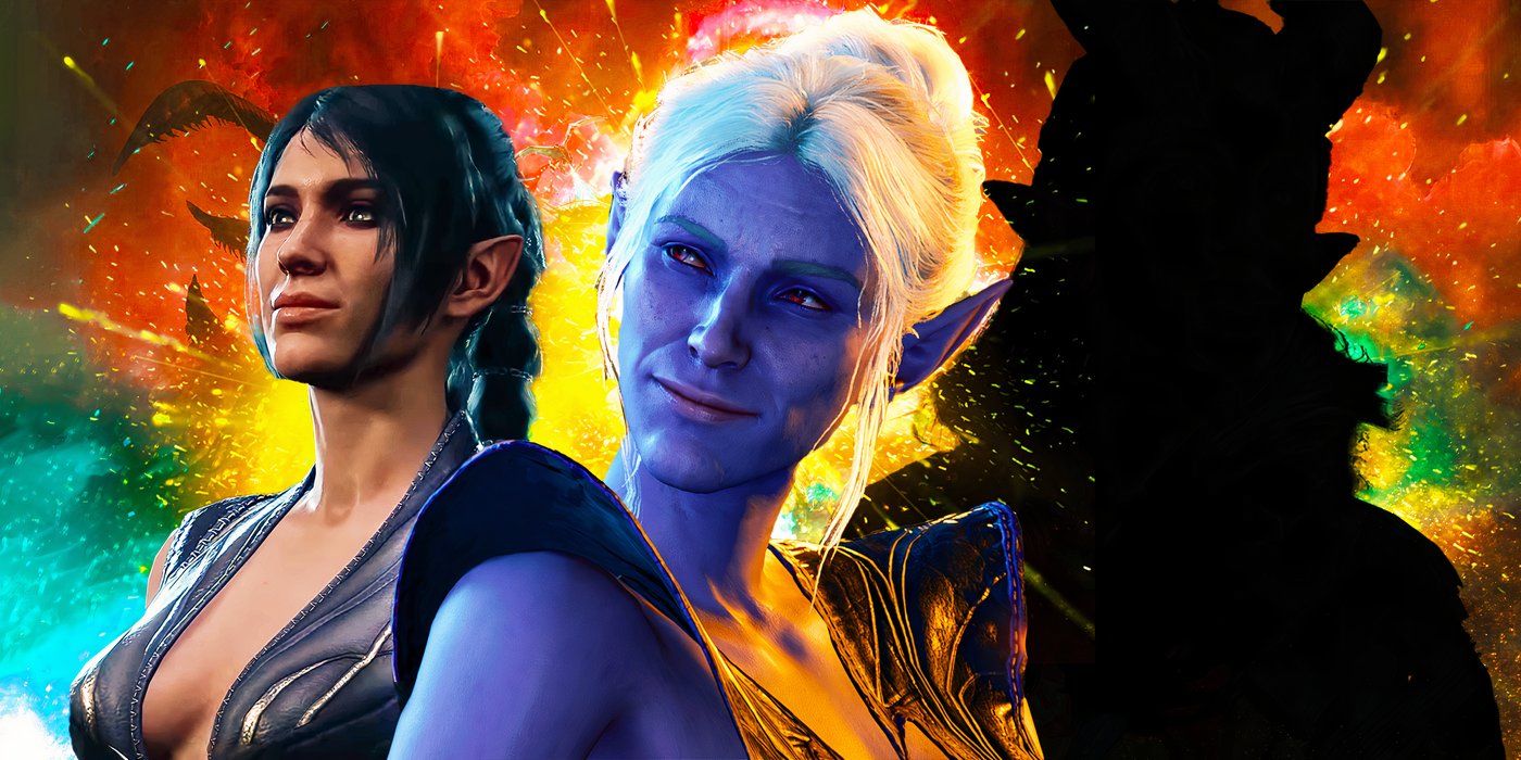 Minthara, Shadowheart, looking happy and Alfira in silhouette from Baldur&rsquo;s Gate 3.
