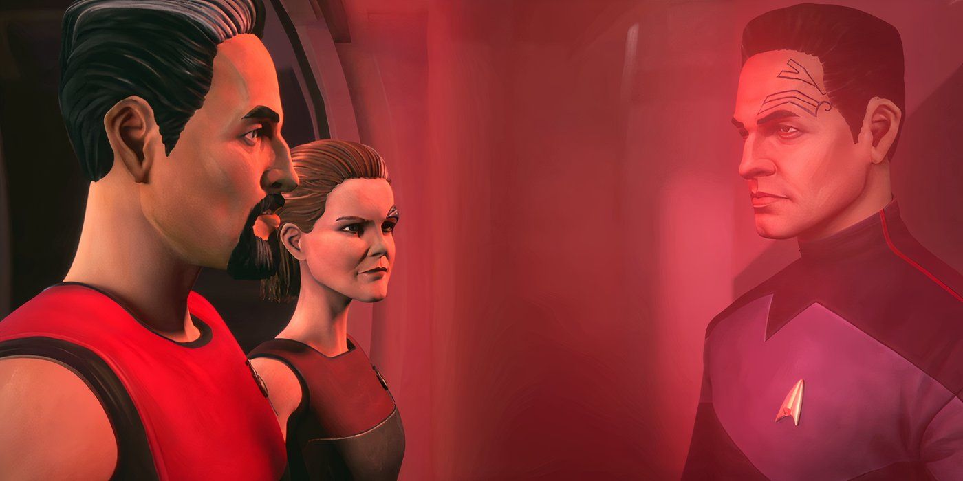 Mirror Universe Chakotay and Janeway interrogate Prime Chakotay in Star Trek: Prodigy season 2.