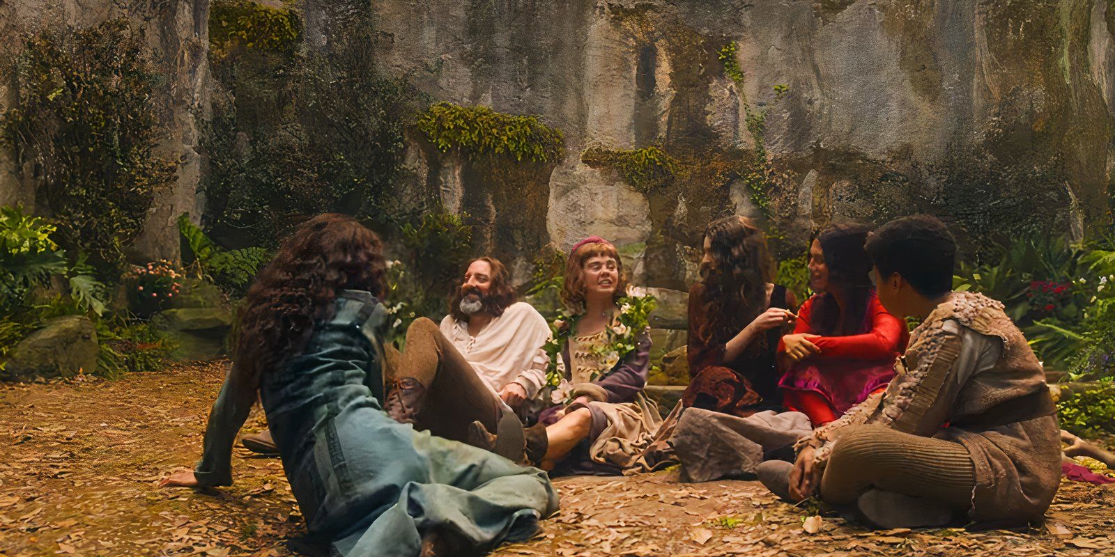 Misia, Sirisco, Licisca, Filomena, Stratilia e Jacopo sentam-se na natureza no Decameron
