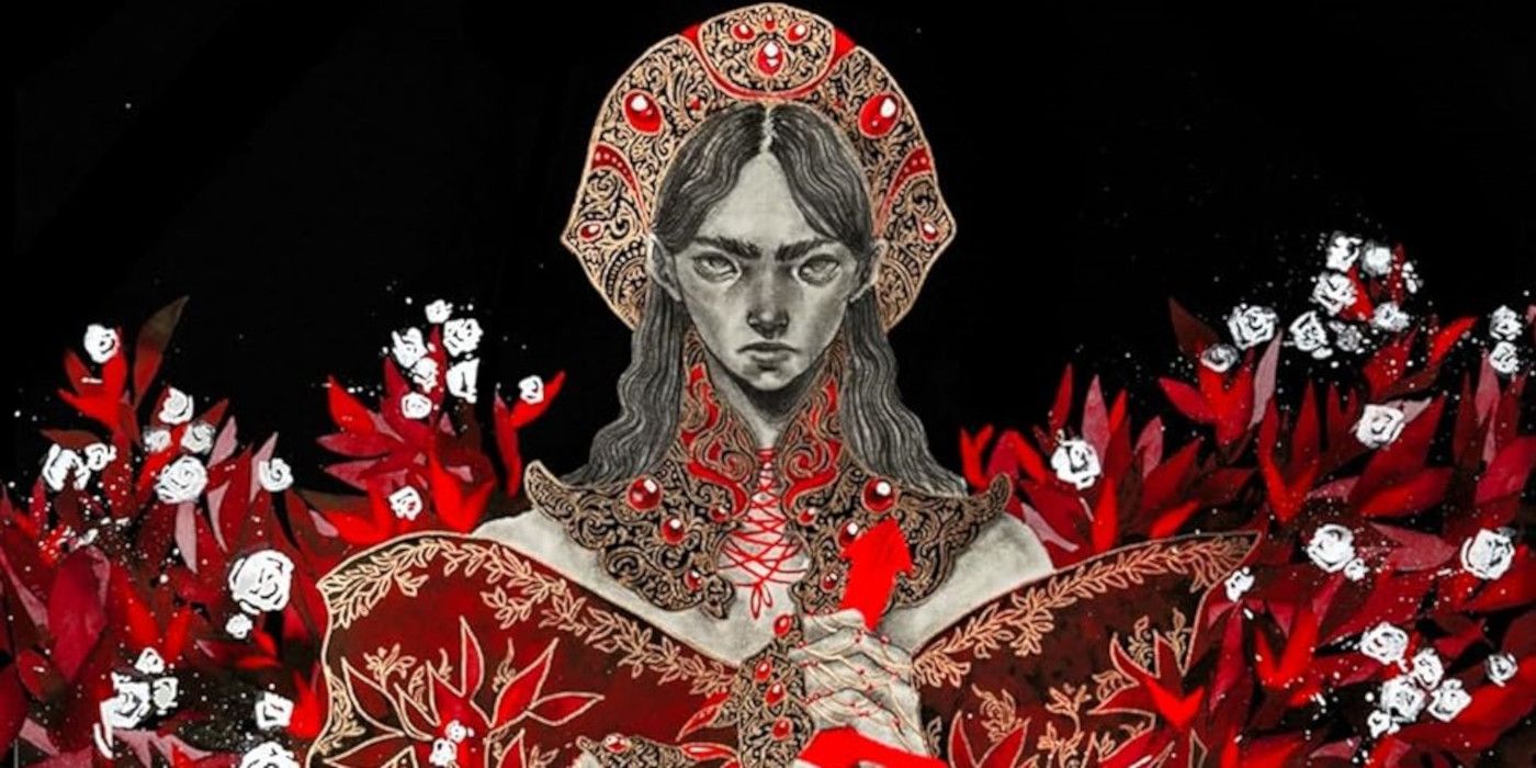 Mistress Of Lies Cover featuring a woman with a headpiece and red dress surrounded by red and white flowers