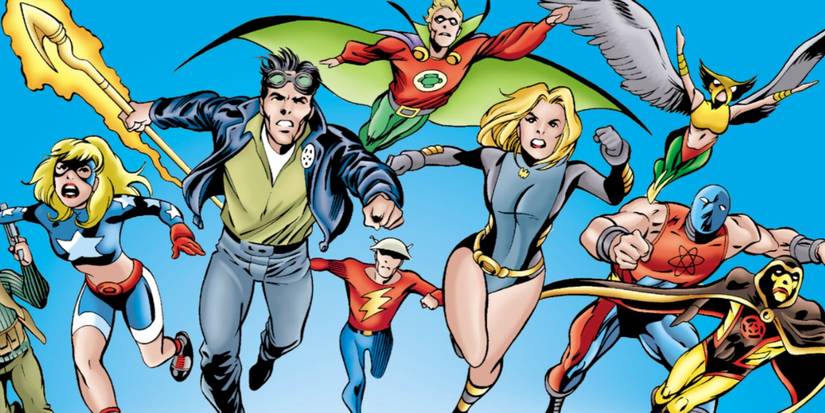 Comic book panel: Justice Society heroes charge into battle.