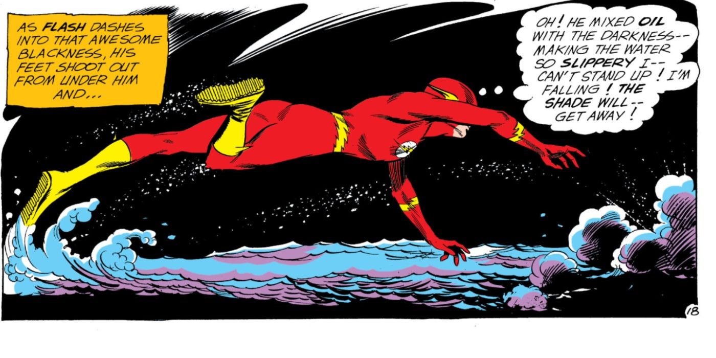 Painel de quadrinhos: Flash mergulha na água.