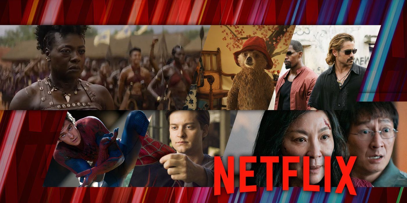 Collage of The Woman King, Paddington, Miami Vice, Amazing Spider-Man, Spider-Man, and Everything Everywhere All At Once behind the Netflix logo