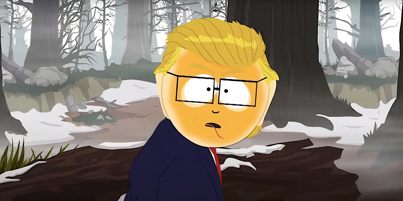 Sr. Garrison como Donald Trump carrancudo para a câmera em uma floresta da 21ª temporada de South Park