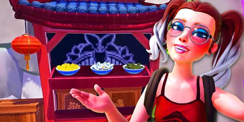 A Disney Dreamlight Valley female avatar shows off Mulan's Tea Stall, a Chinese style stall with bowls of tea leaves, off in a selfie.