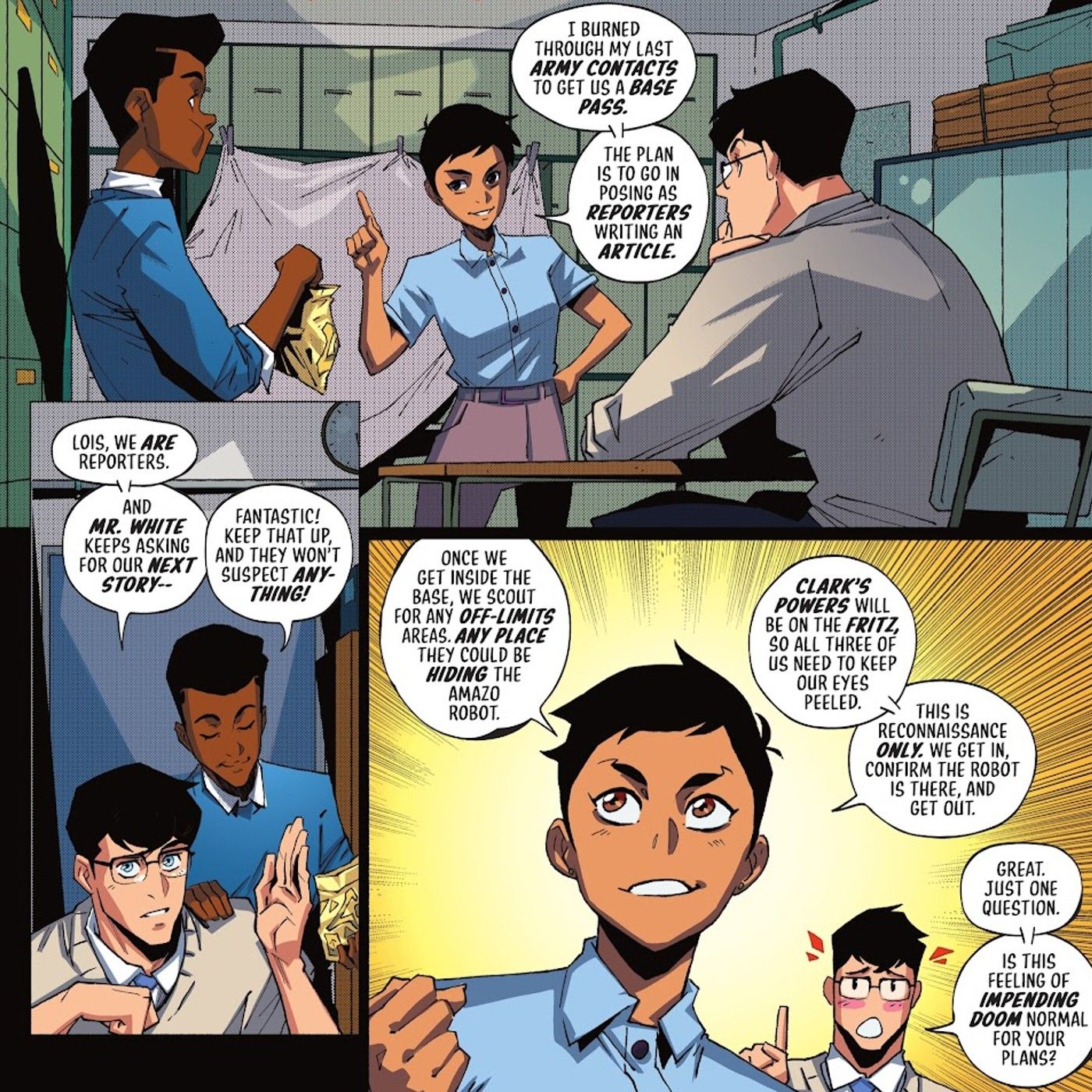 Comic book panels: Clark Kent, Jimmy Olsen, and Lois Lane make a plan in an office.