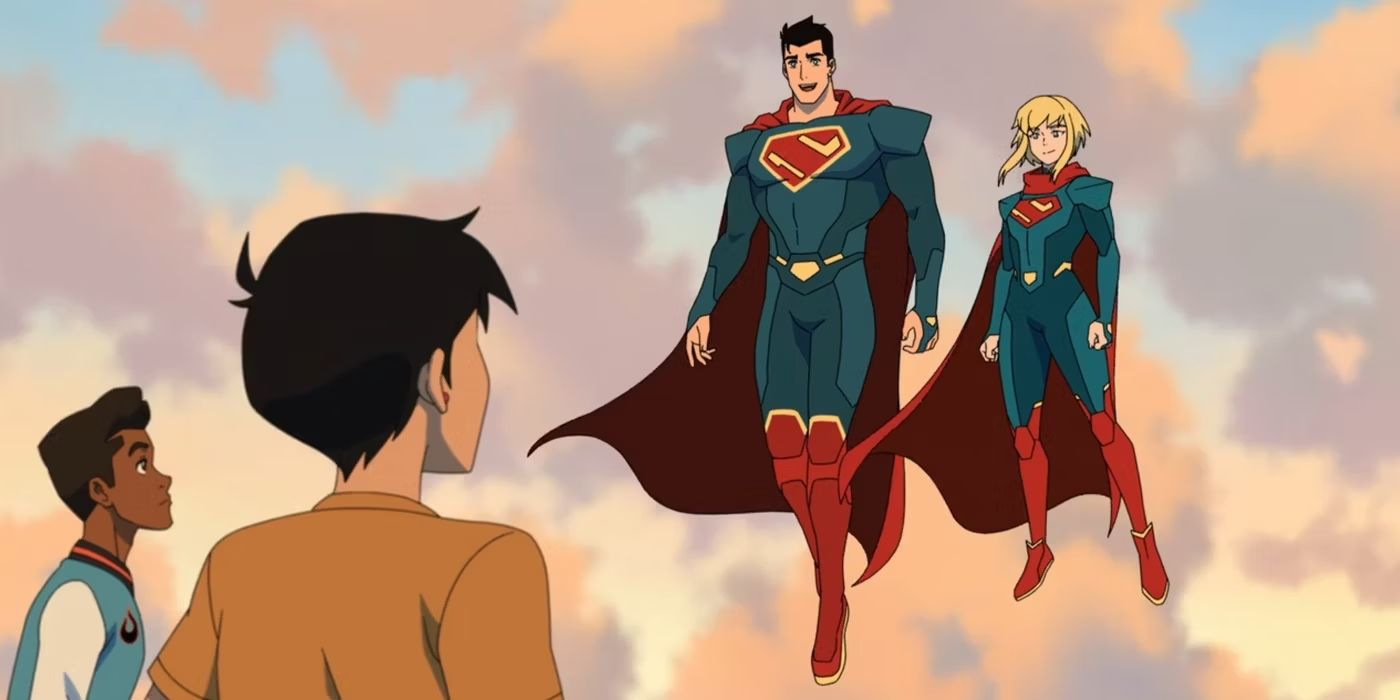 Jimmy e Lois olhando para Superman e Supergirl flutuando no final da segunda temporada de My Adventures with Superman