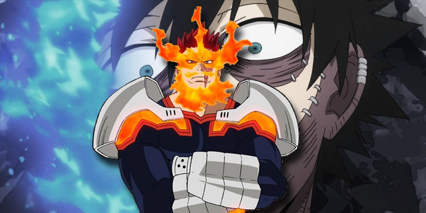 Endeavor standing in a power pose in front of Dabi's flames and face.
