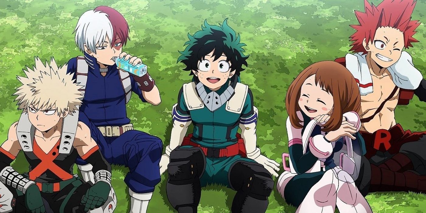 Bakugo, Todoroki, Midoriya, Uraraka y Kirishima están sentados en el césped y se relajan felices.