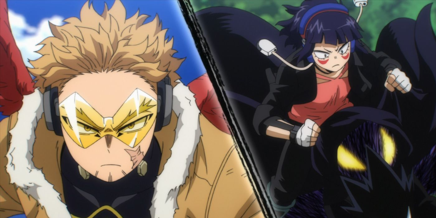 a split screen with Hawks on the left and Jiro and Tokoyami on the right.