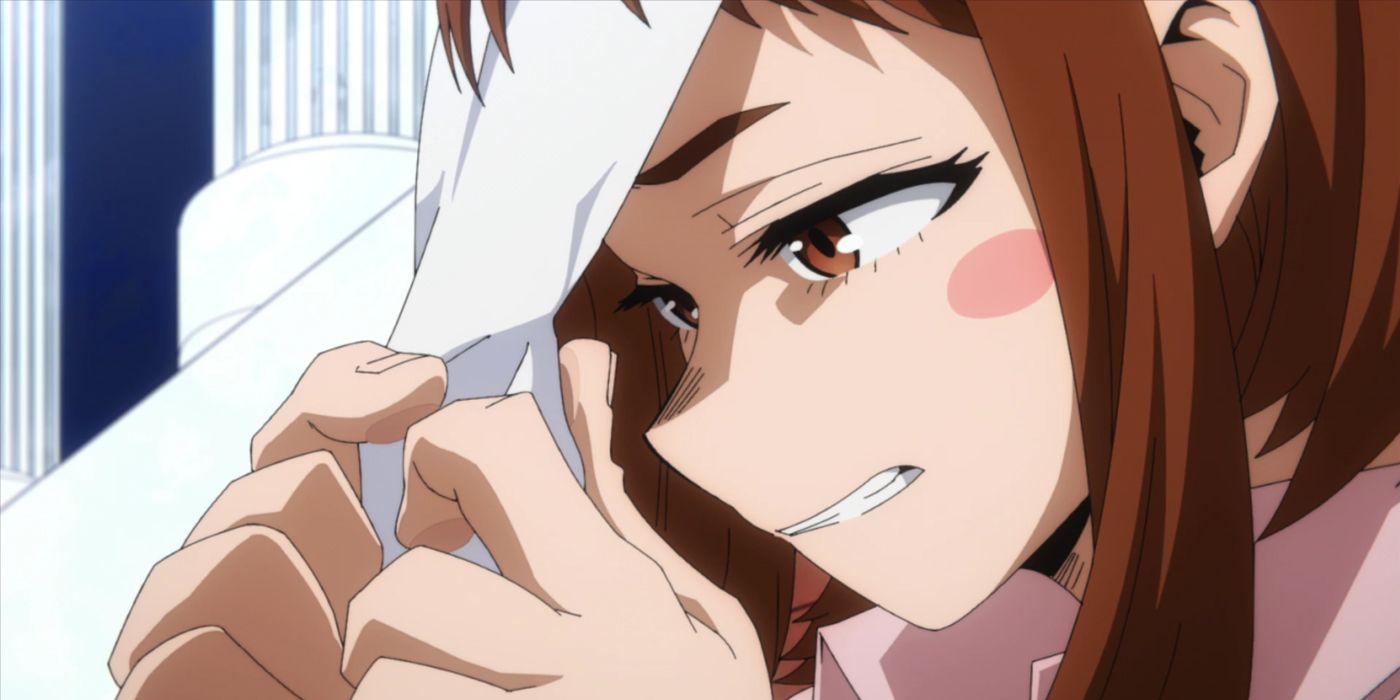 Ochaco looking sad after reading Deku&rsquo;s letter revealing One for All.