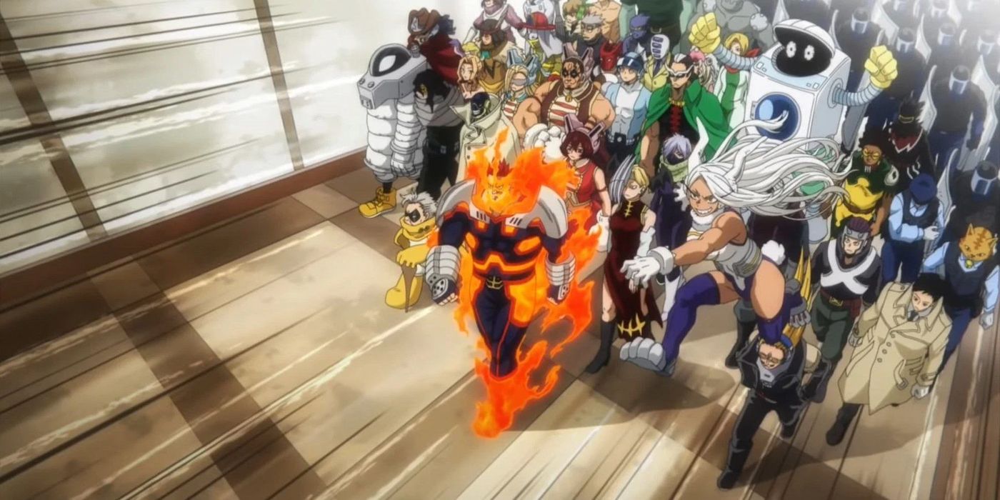 The pro heroes of My Hero Academia march off to battle.