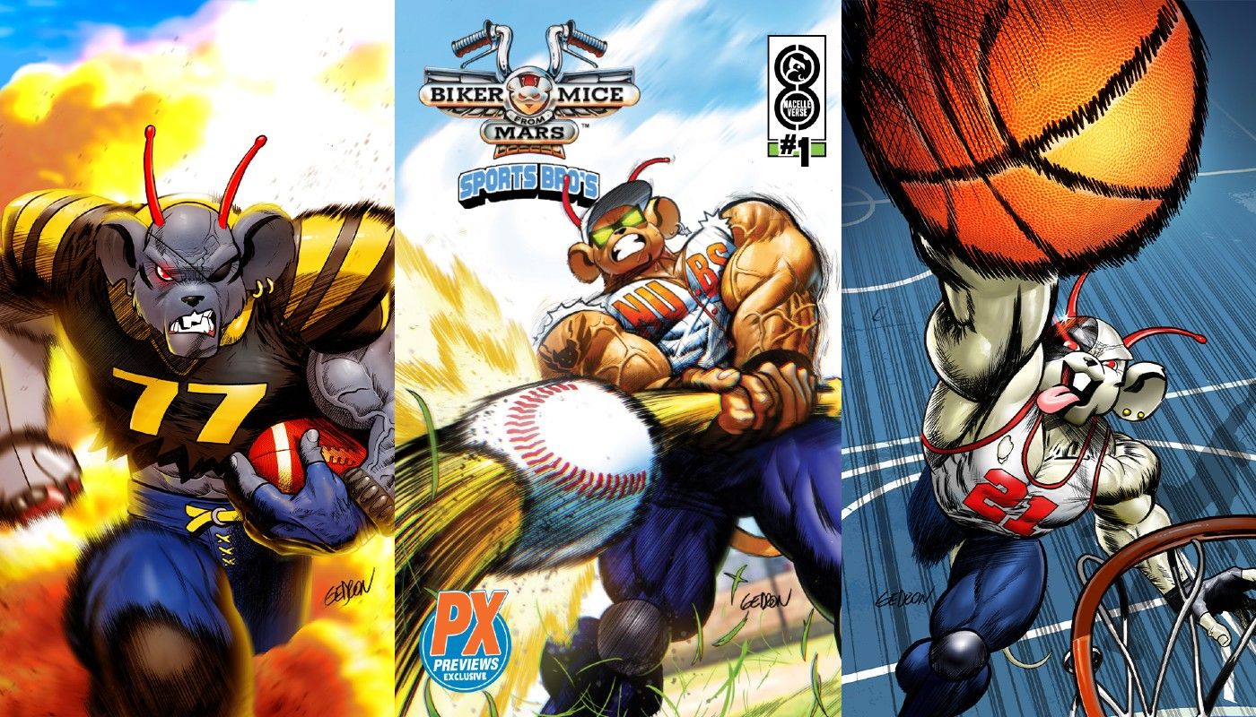 Modo, Throttle e Vinnie jogando futebol, beisebol e basquete em Biker Mice from Mars #1 capas variantes da Sports Bros.