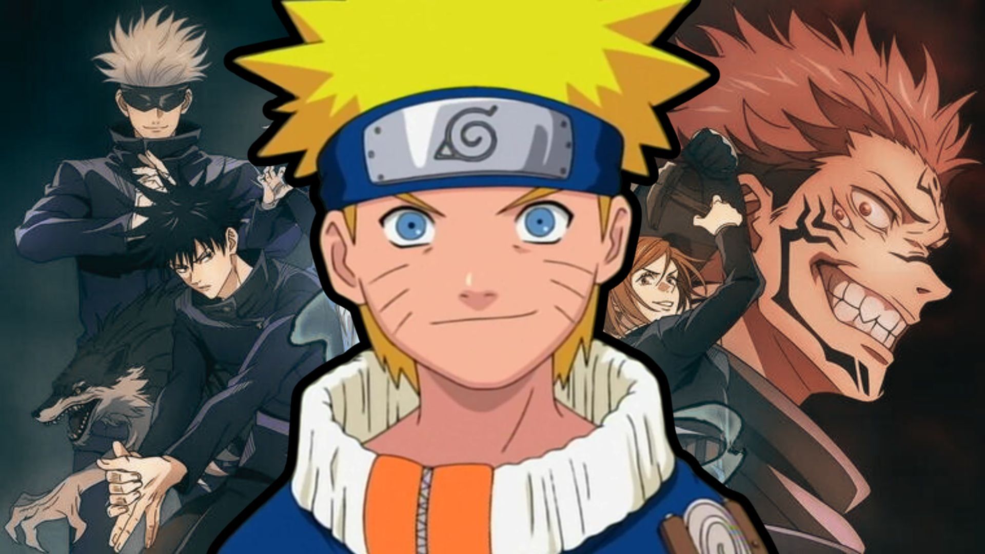 Naruto na frente com um fundo de pôster de anime Jujustsu Kaisen