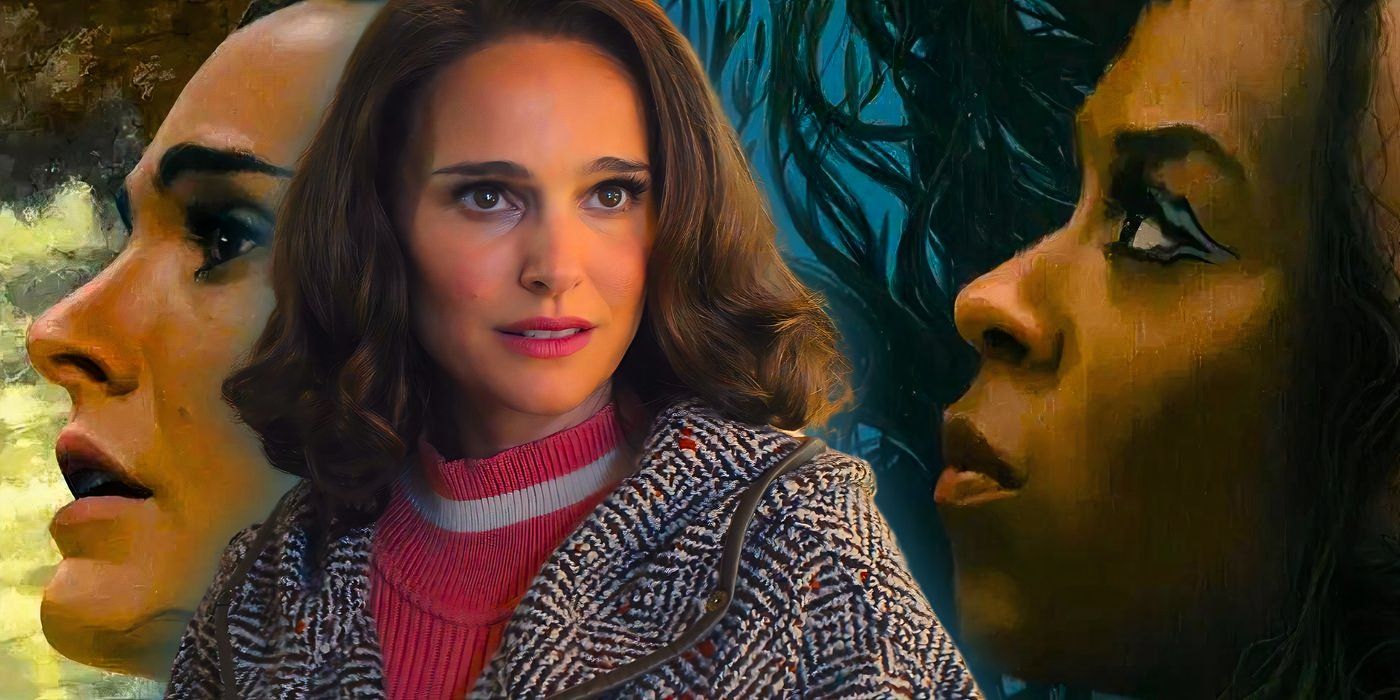 Natalie Portman as Maddie Morgenstern looking concerned with a background of key art of Maddie and Cleo Johnson (Moses Ingram) from Lady in the Lake