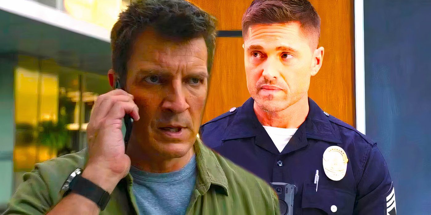 Nathan Fillion as John Nolan serious on the phone next to Eric Winter as Tim Bradford looking grim in The Rookie