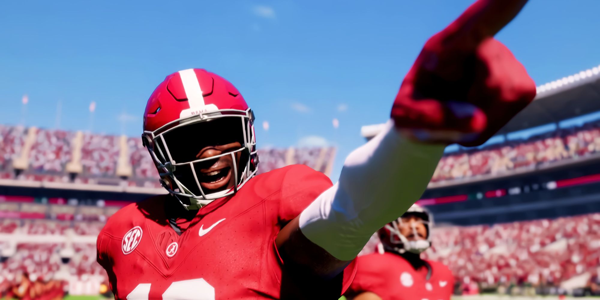 Um jogador do Alabama apontando para além da câmera no EA Sports College Football 25.