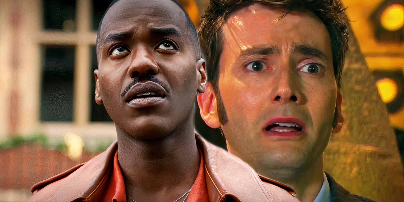 Ncuti Gatwa as the Fifteenth Doctor looking up next to the Tenth Doctor looking concerned in Doctor Who