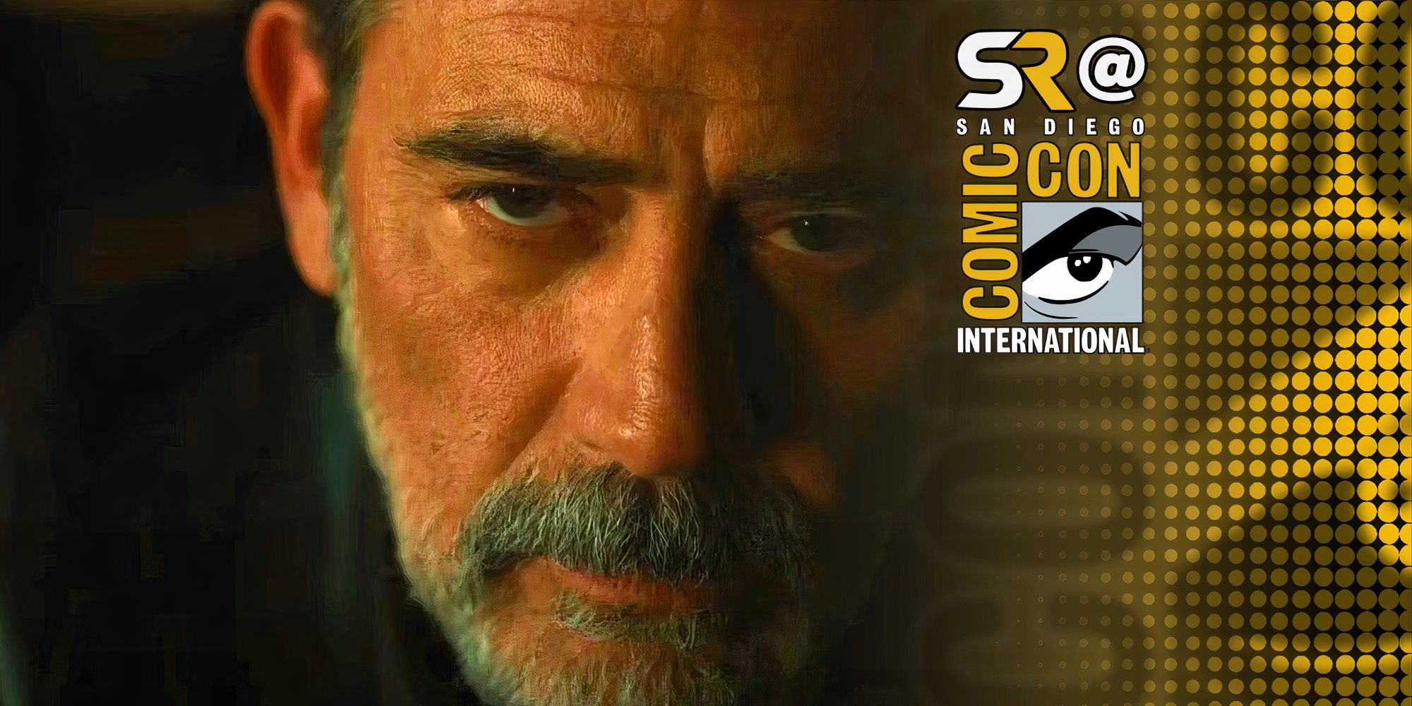 Negan looking stoic in The Walking Dead Dead City season 1 finale with SDCC overlay