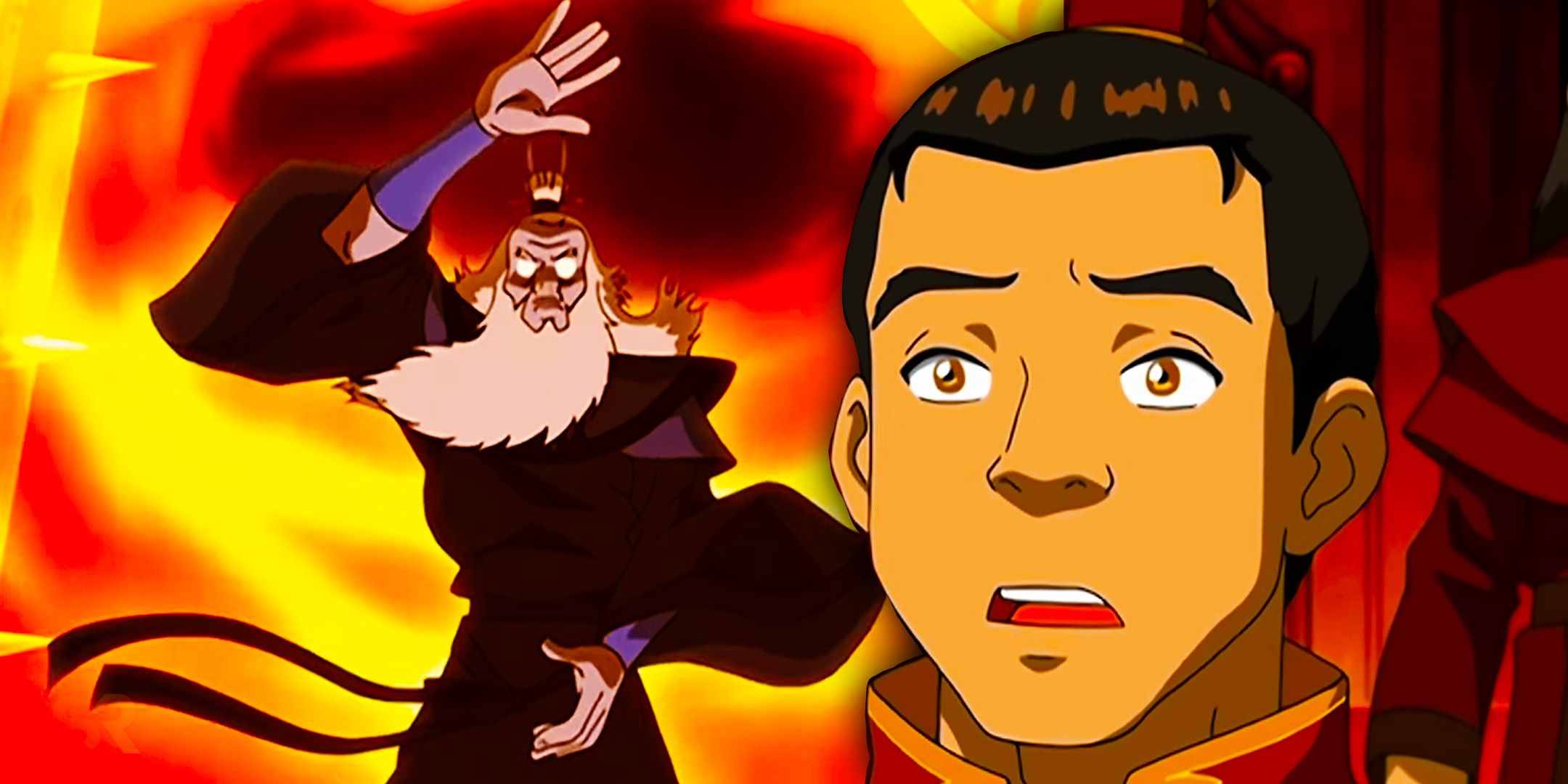 Avatar Roku no estado Avatar e Sozin como um adolescente em Avatar: The Last Airbender