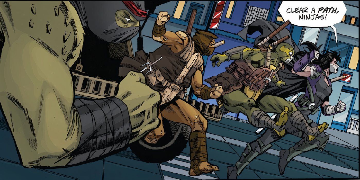 New TMNT team run into battle with masks on accompanied by Casey Jones' daughter