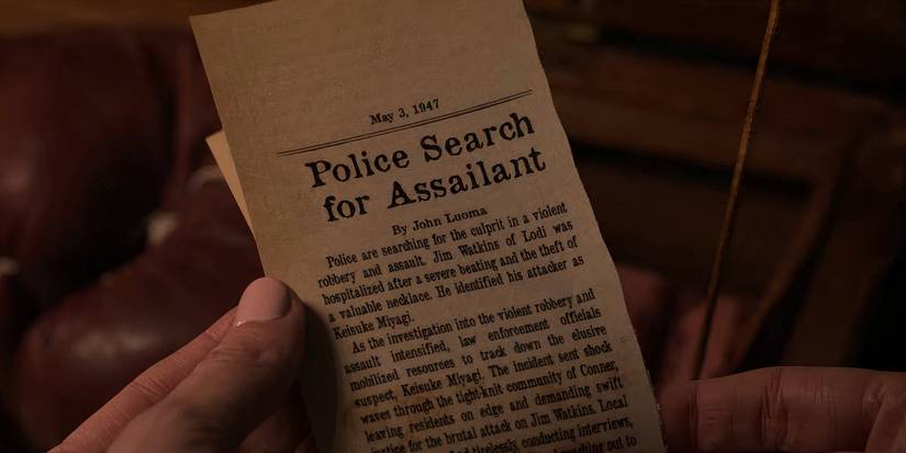 News clipping of Mr Miyagi's robbery in Cobra Kai