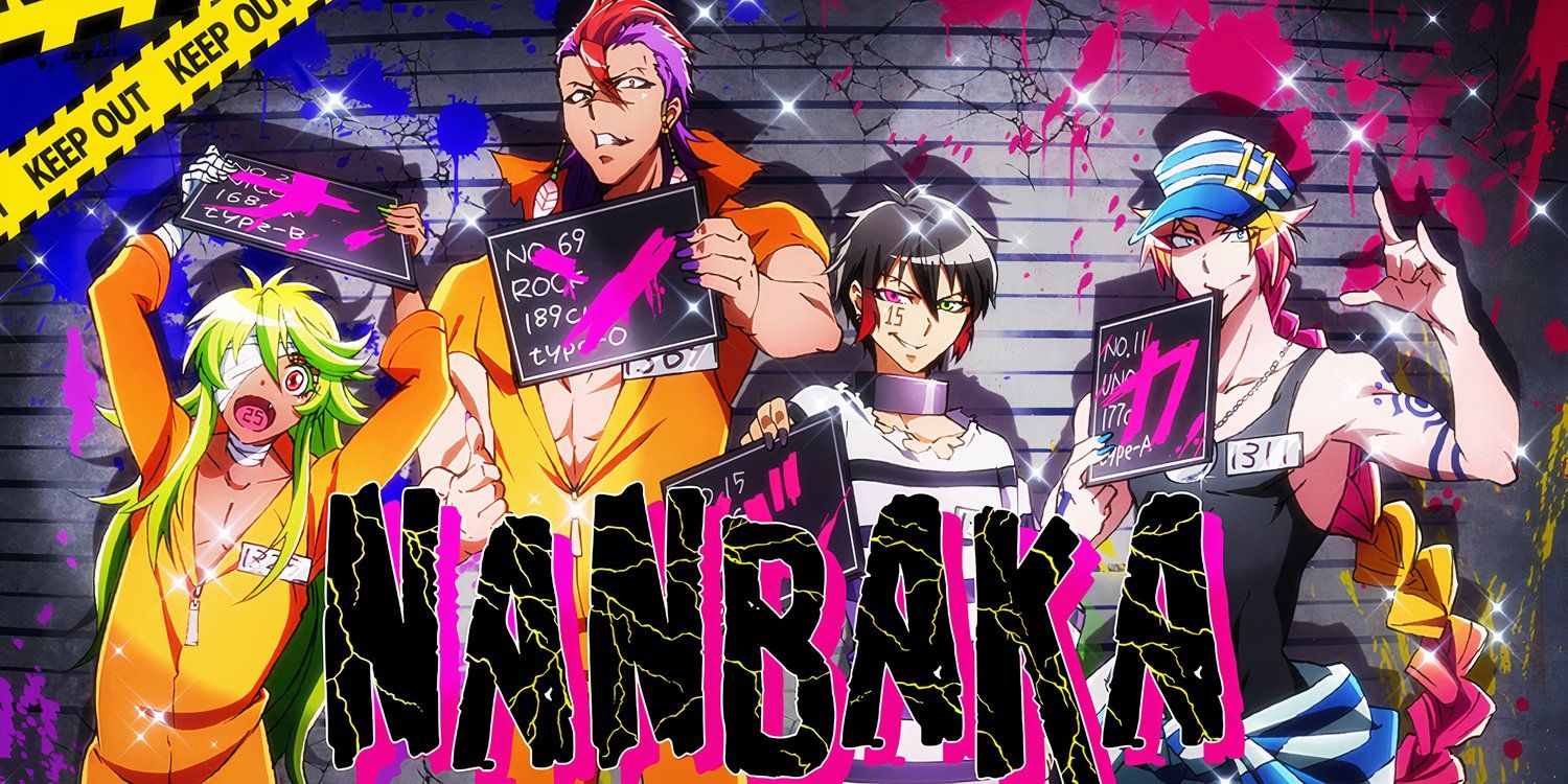 Nico, Rock, Jyugo, and Uno shown holding mugshot placards in promotional poster for Nanbaka