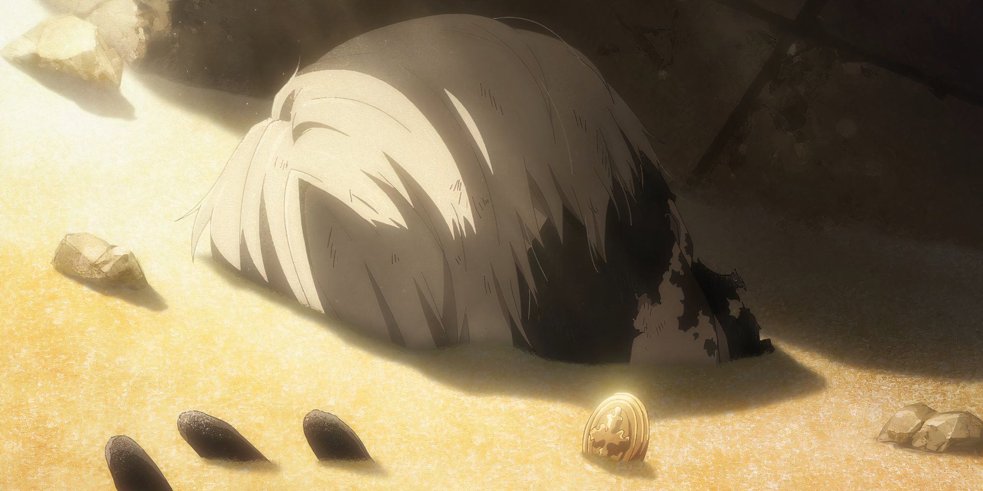 Nier Automata 9S buried in the sand after one of the many times 2E has killed him