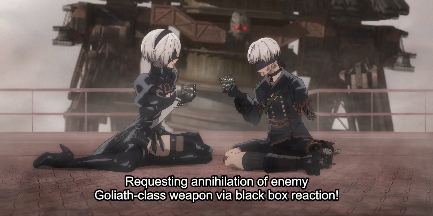 Nier Automata Black Boxes 9S e 2B combinando suas caixas pretas para destruir os inimigos da classe Golias que os cercam