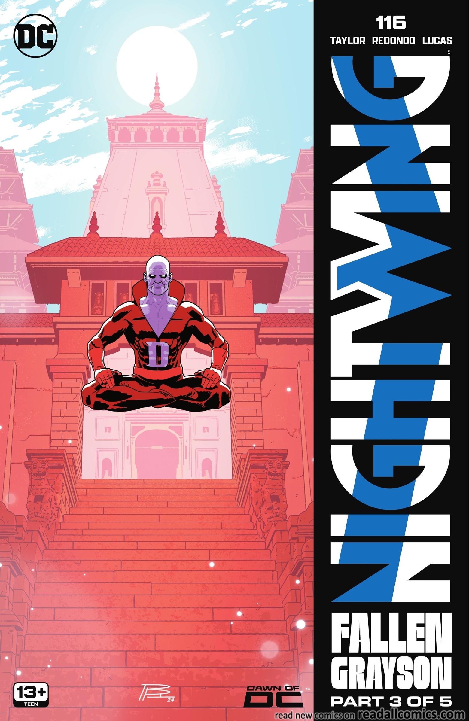 Deadman paira em frente ao templo na capa de Nightwing #116. 