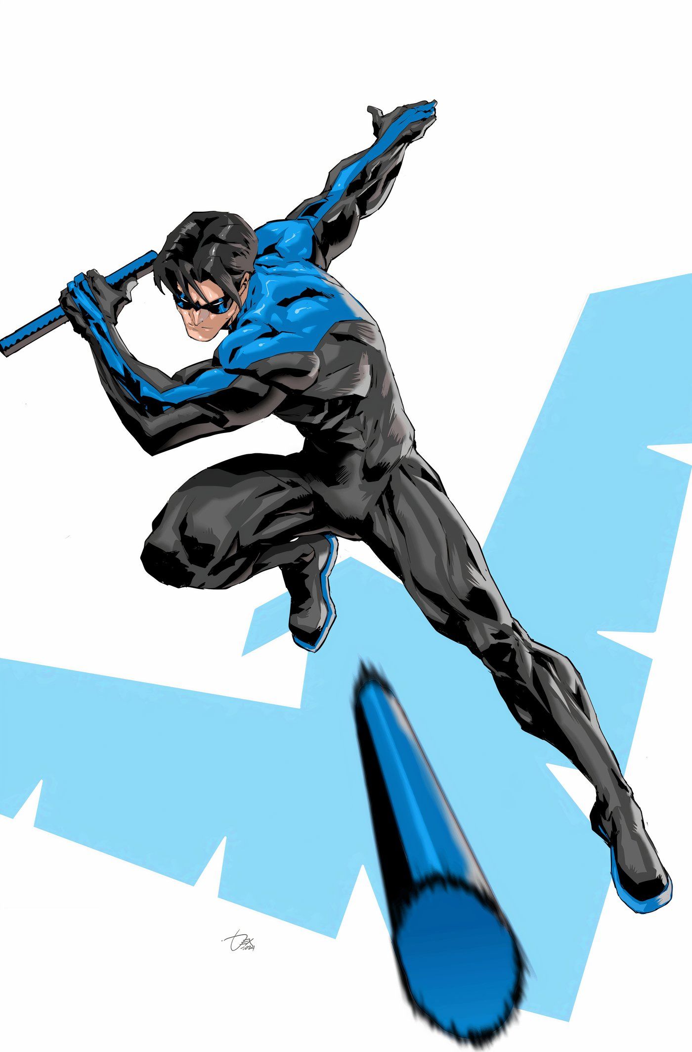  Nightwing throws his escrima stick in front of his logo.