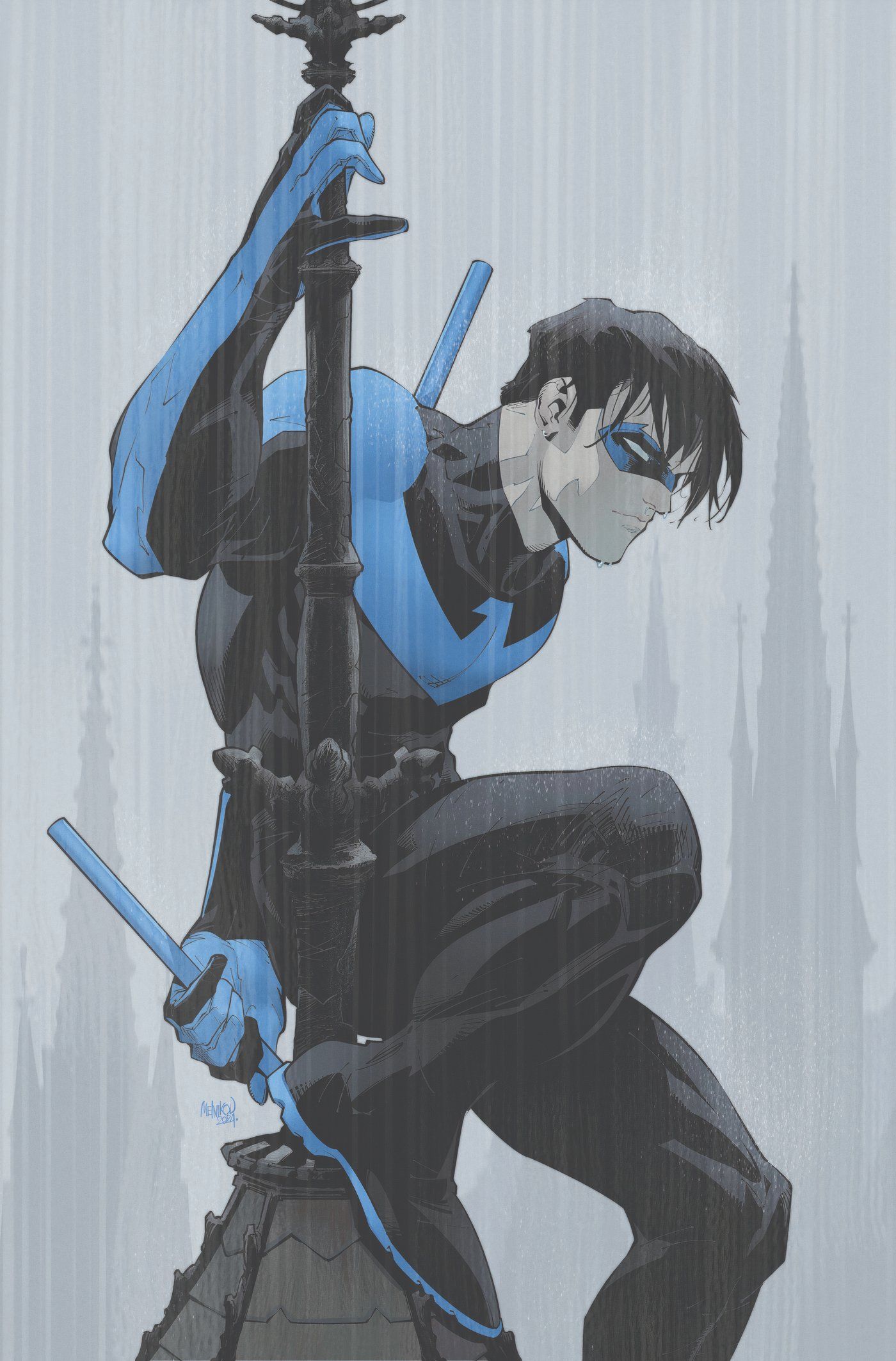 Capa da variante Nightwing 119 Melnikov: Nightwing sentado em uma torre na chuva.