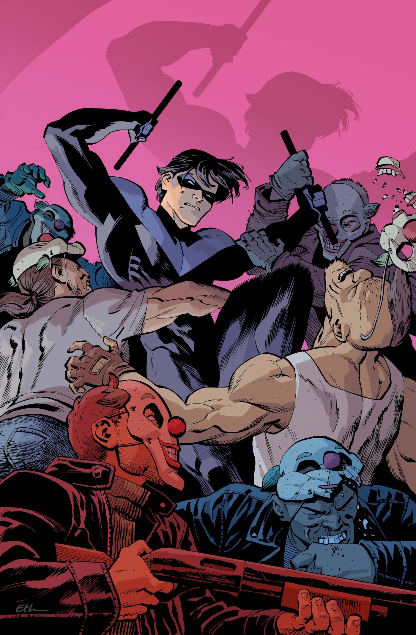 Nightwing 119 Young Variant Cover: Nightwing fights Joker goons.
