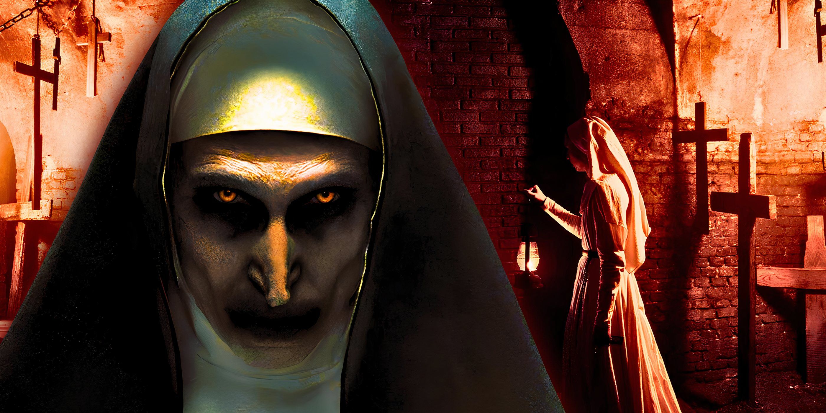 Valak's nun form is in front of a monastery in The Nun.