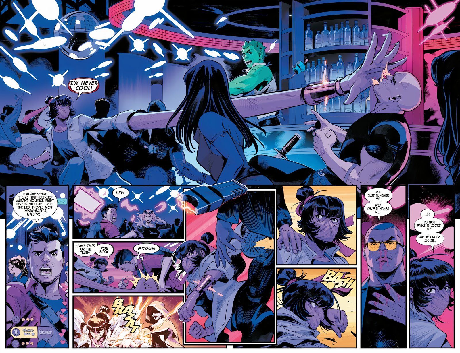 NYX #1 Ms Marvel transforms faces during a fight in a bar