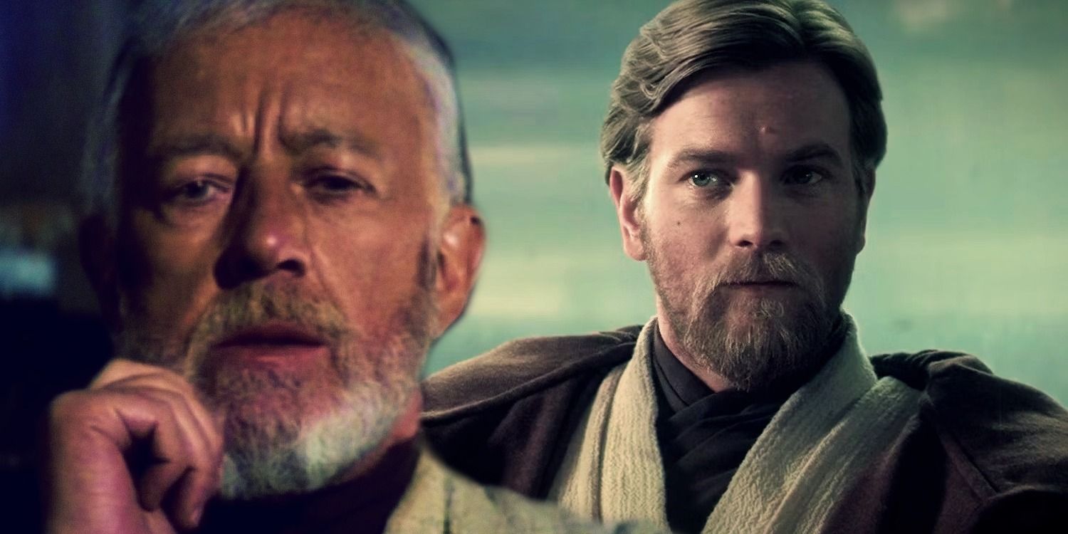 Obi-Wan Kenobi em Uma Nova Esperança à esquerda parecendo sério e nas prequelas parecendo curioso à direita