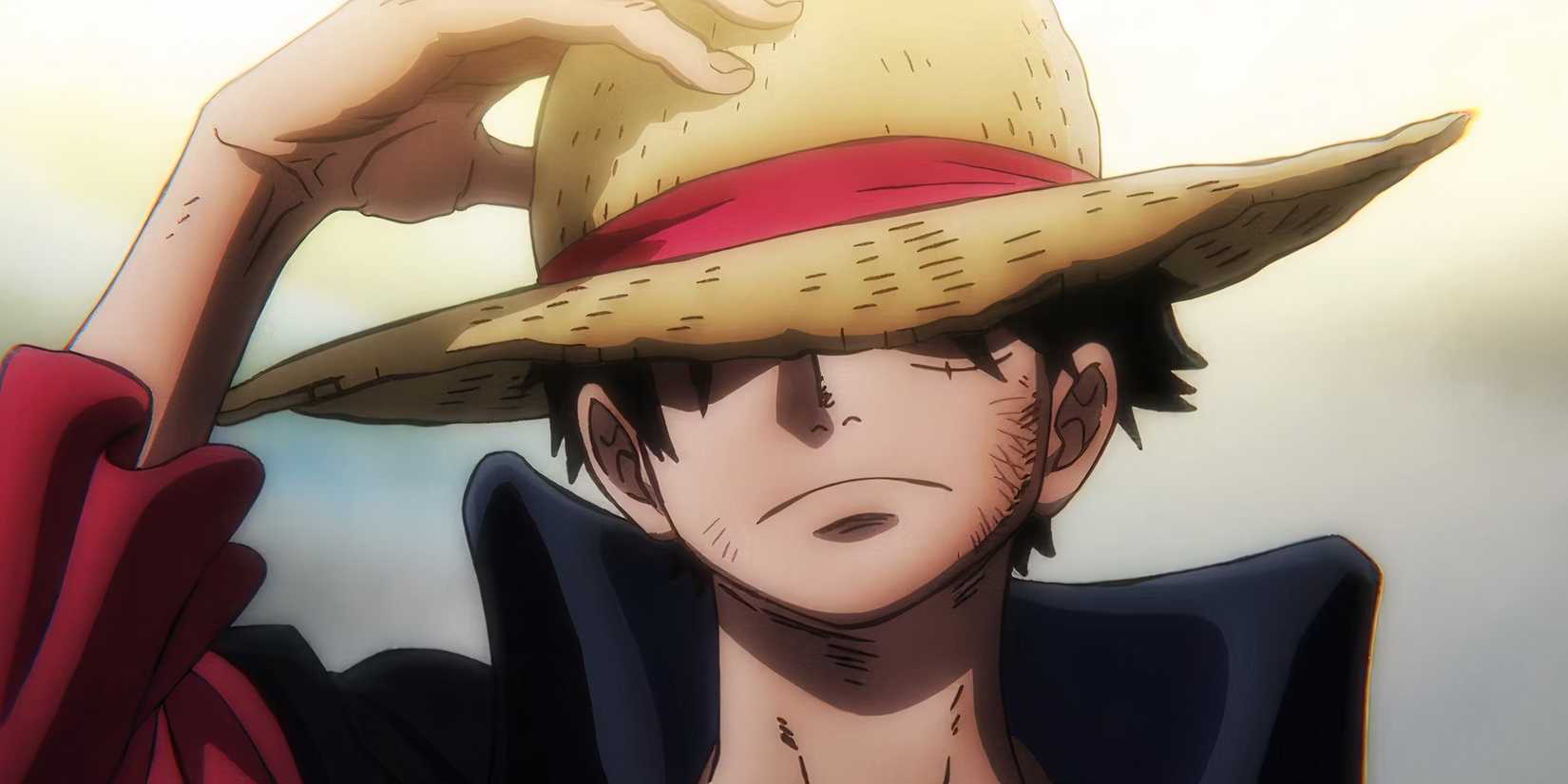 Image from One Piece anime shows Luffy putting on his Straw Hat before fighting Big Mom and Kaido in Wano during the Raid of Onigashima.