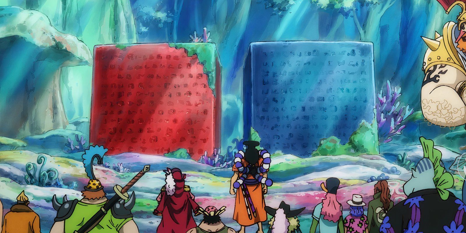 La imagen del anime One Piece muestra dos Poneglyphs, uno azul y otro rojo, que lo convierten en un Road Poneglyph, ambos en la Isla Gyojin. La tripulación de Oden y Roger está parada frente a ellos.