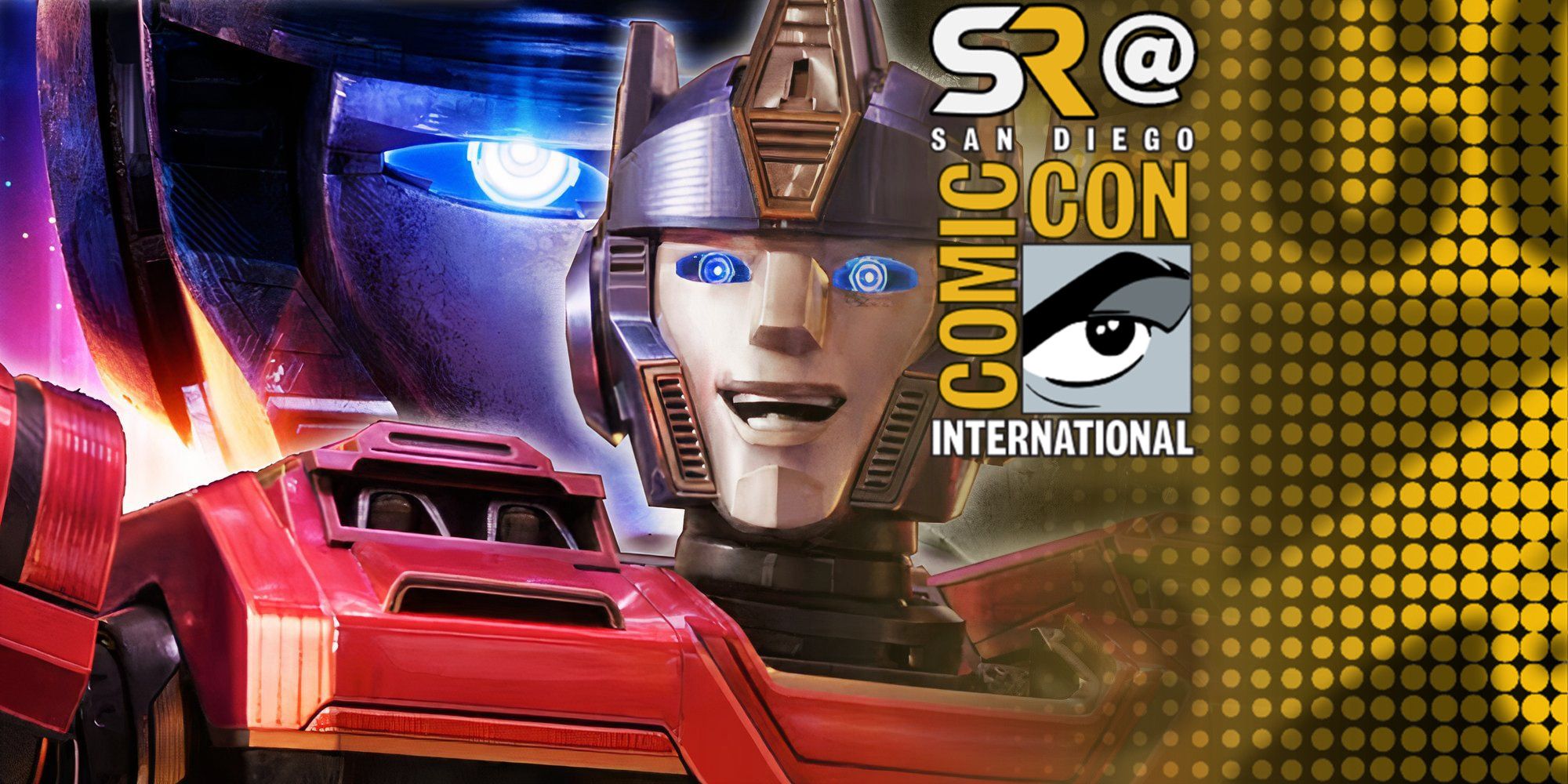 Optimus Prime Comic-Con image from Transfromers One with SR SDCC logo overlaying 