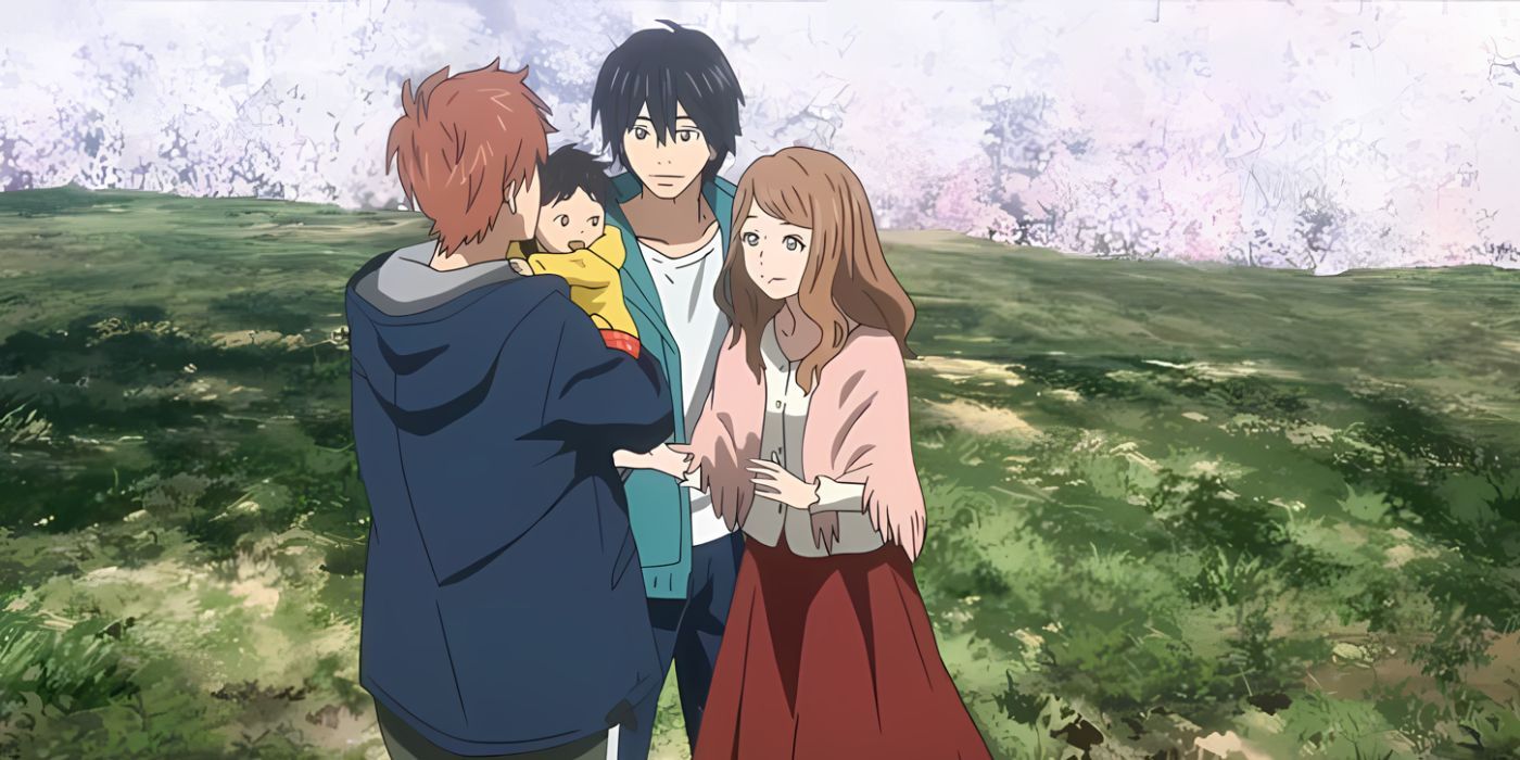Orange anime official screencap featuring the main love triangle, with one of the characters holding a baby