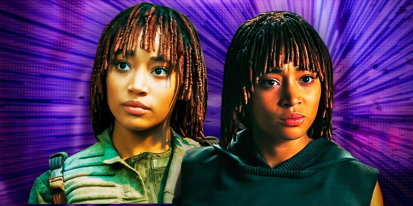 Amandla Stenberg's Osha Aniseya in The Acolyte, edited over a dynamic purple background