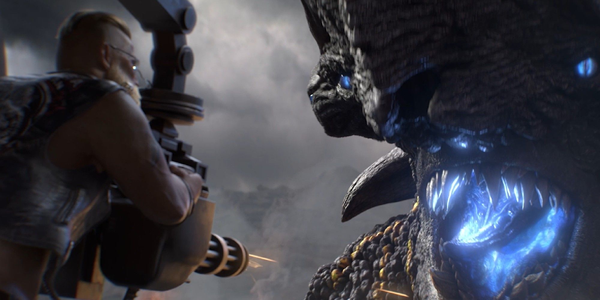 Screenshot from cinematic trailer for State of Survival: facing out of a plane, a gunman aims at a Kaiju