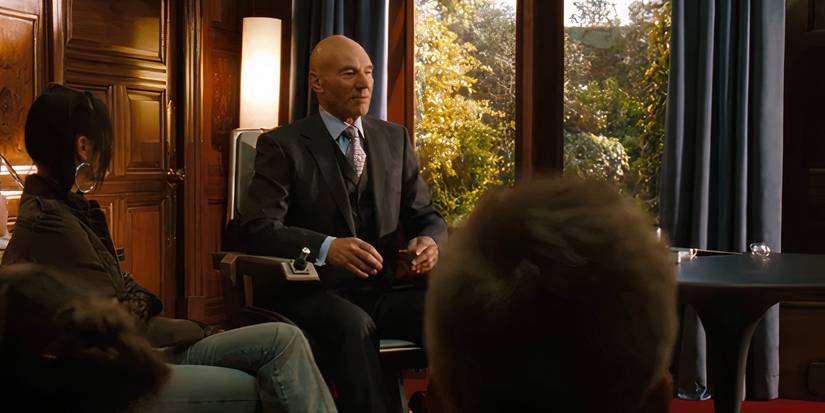 Patrick Stewart as Charles Xavier talking to students at the end of X2 X-Men United