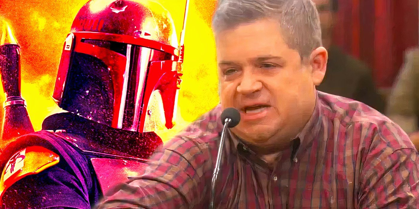 Boba Fett in front of an orange background in “The Book of Boba Fett” next to Patton Oswalt during his filibuster speech in “Parks and Recreation”