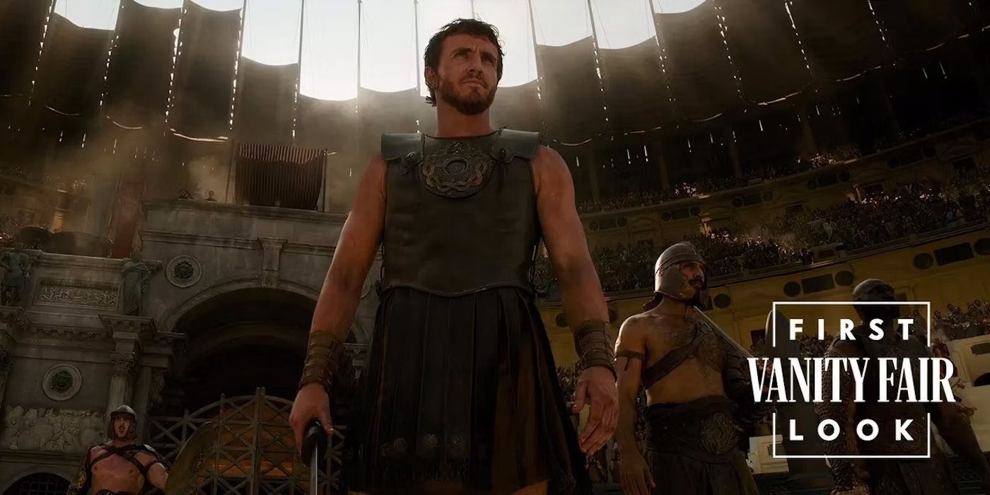 Paul Mescal in a gladiatorial arena in Gladiator 2
