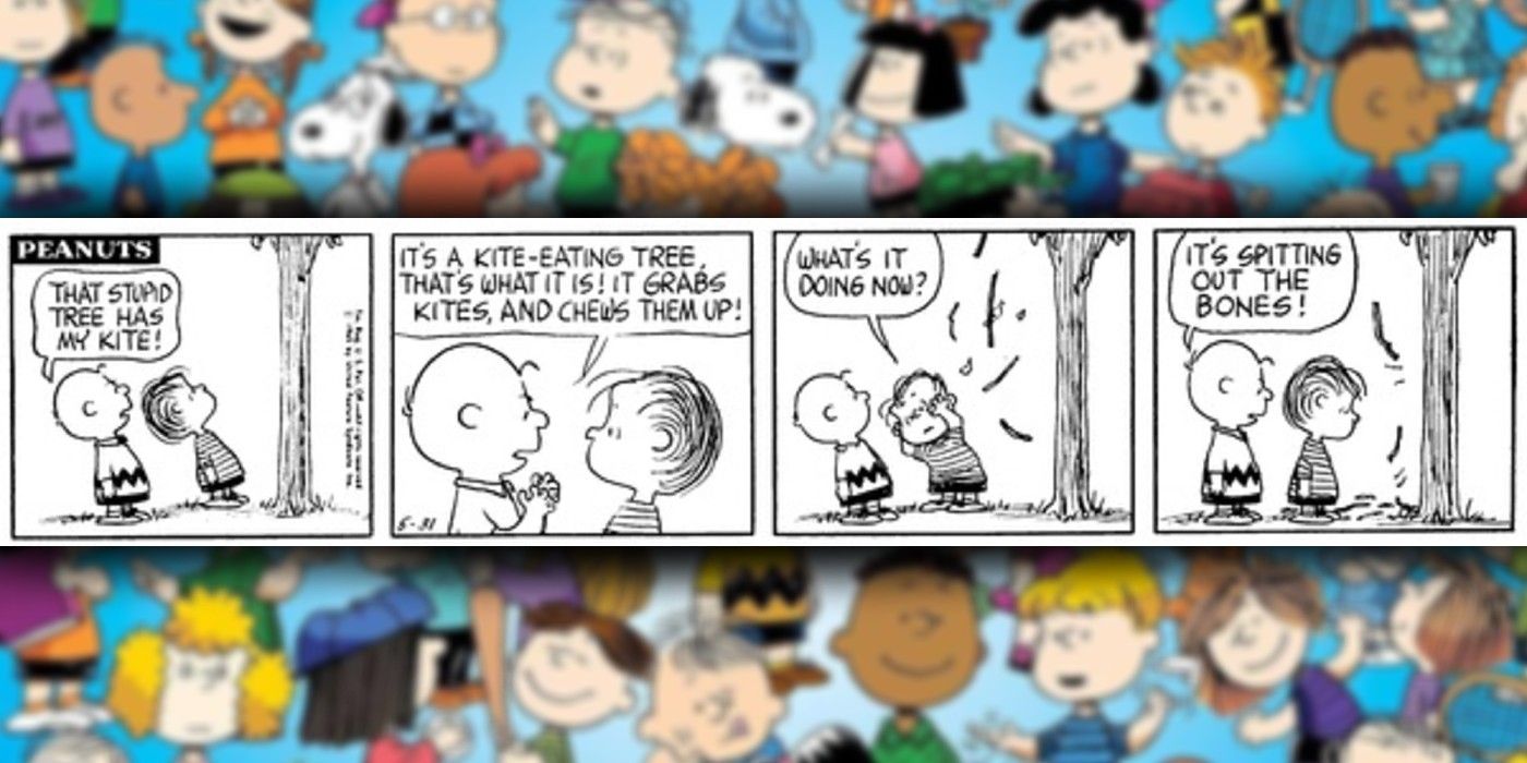 história em quadrinhos do peanuts que é charlie brown contra a árvore comedora de pipas