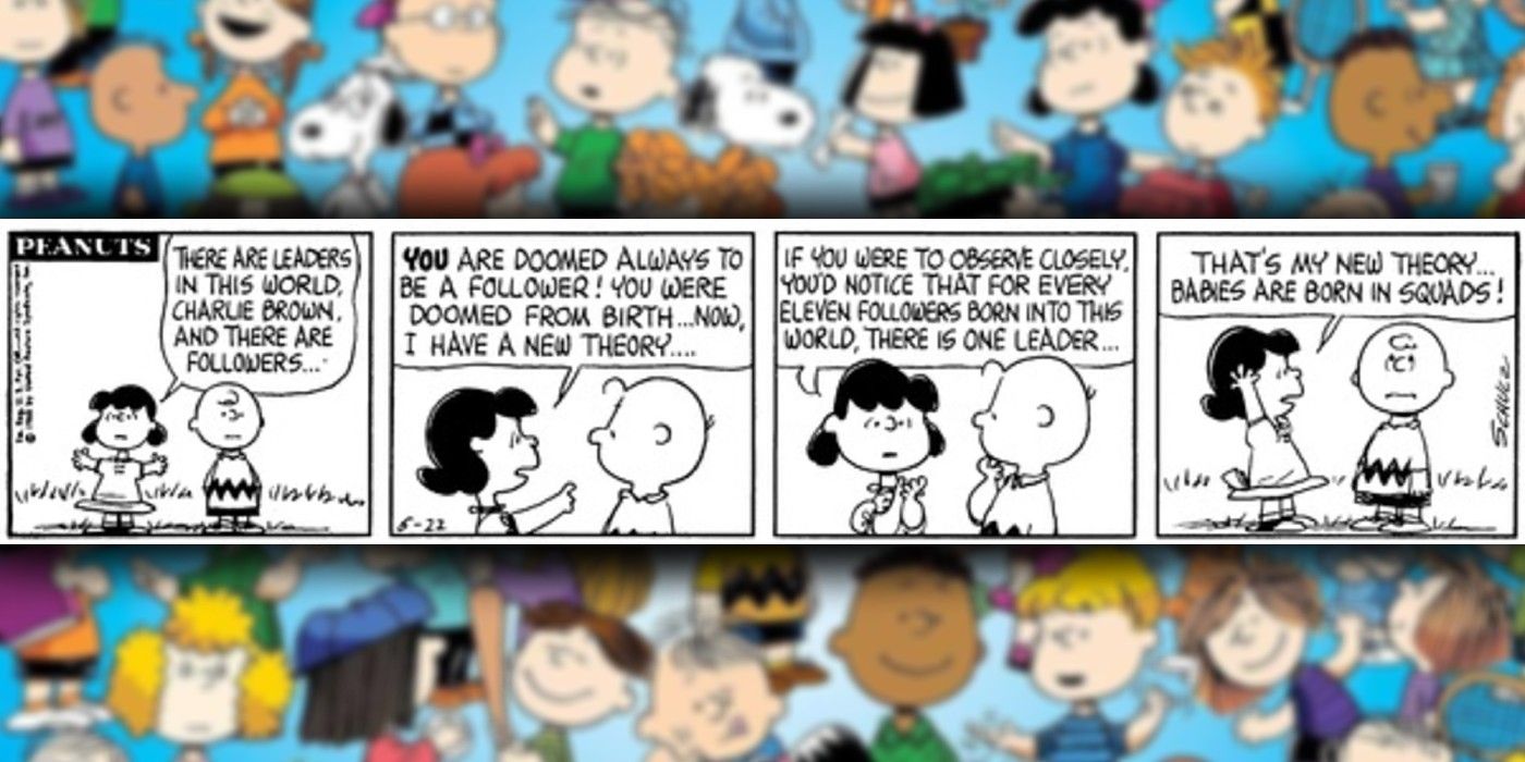 Quadrinhos de amendoim onde Lucy e Charlie Brown discutem liderança