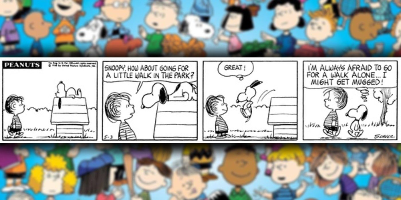 história em quadrinhos do peanuts onde snoopy e linus vão passear