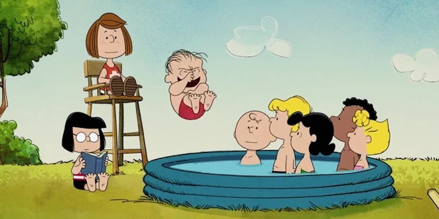 Peanuts having a backyard pool party