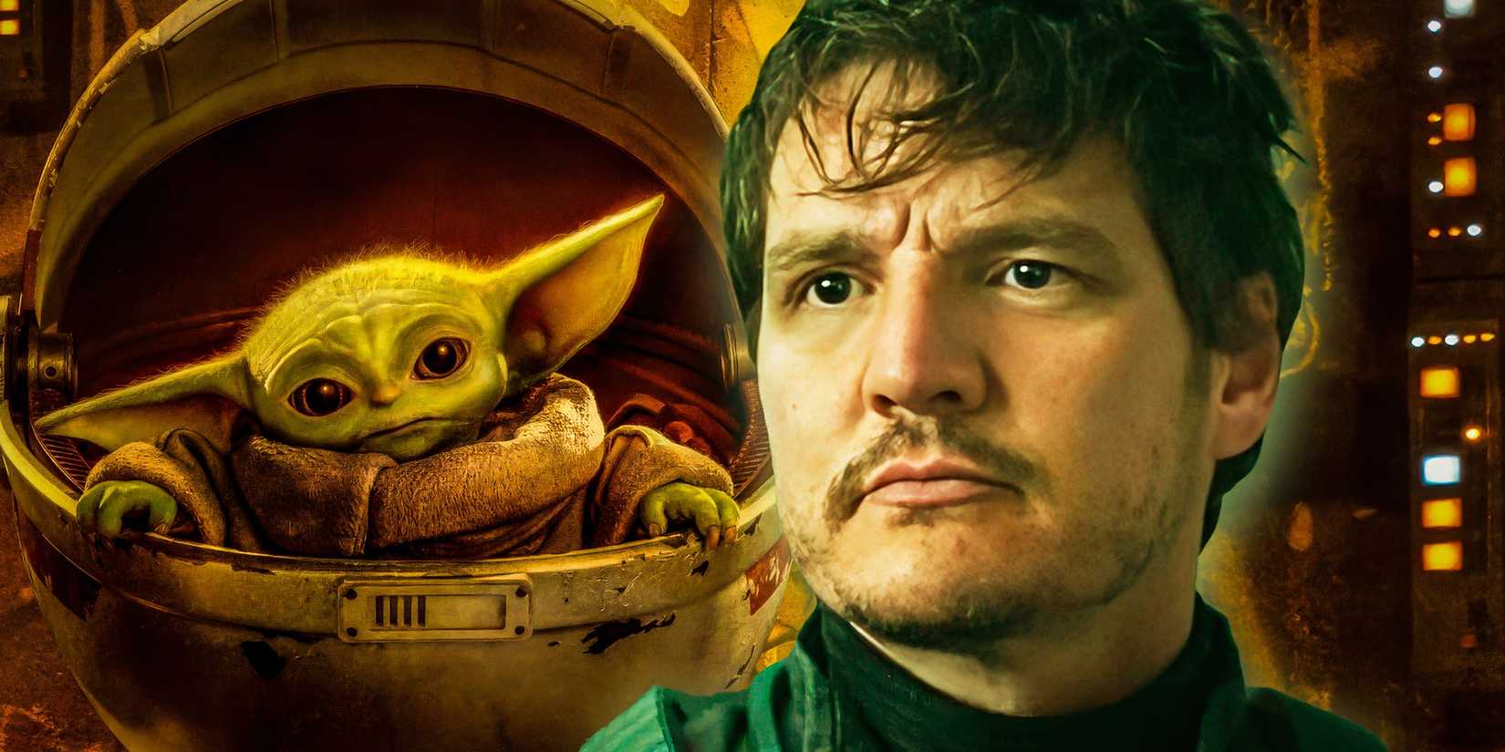 Pedro Pascal's Din Djarin in Imperial disguise, edited with Grogu in his pram